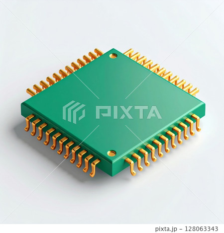 Green Microchip with Gold Pins on White Background 128063343