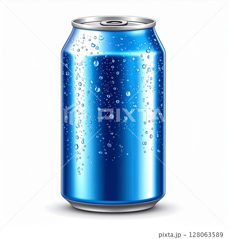 Blue Aluminum Can with Water Droplets 128063589