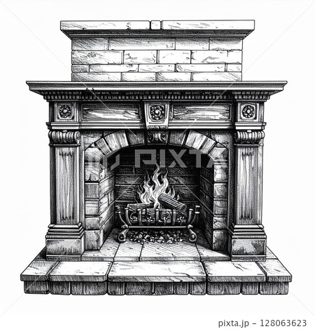 Classic Stone Fireplace Drawing Black and White 128063623
