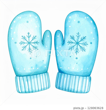 Pair of Light Blue Watercolor Mittens with Snowflakes Pair of Light Blue Watercolor Mittens with Snowflakes 128063628