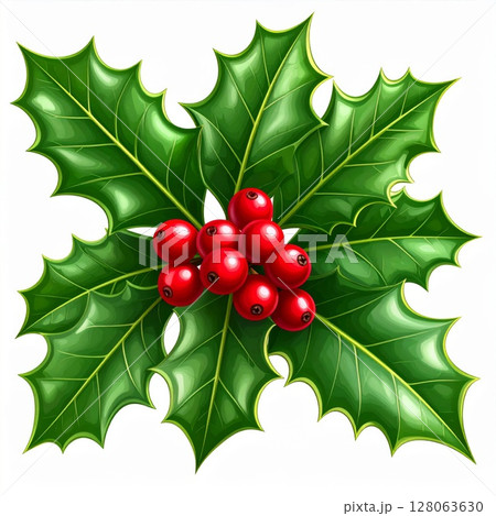 Bright Red Holly Berries and Green Leaves Illustration 128063630