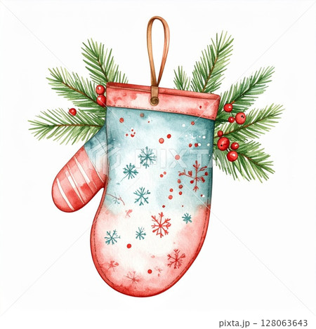 Watercolor Christmas Mitten with Pine and Berries Watercolor Christmas Mitten with Pine and Berries 128063643