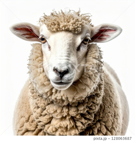 Closeup Portrait of a Fluffy Sheep Against White Background Closeup Portrait of a Fluffy Sheep Against White Background 128063687