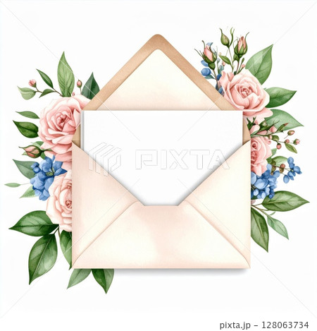 Watercolor Pink Roses and Envelope Wedding Invitation 128063734