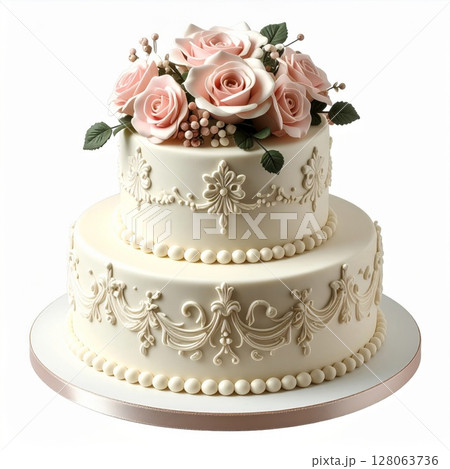 Elegant Two Tiered Wedding Cake with Pink Sugar Roses 128063736