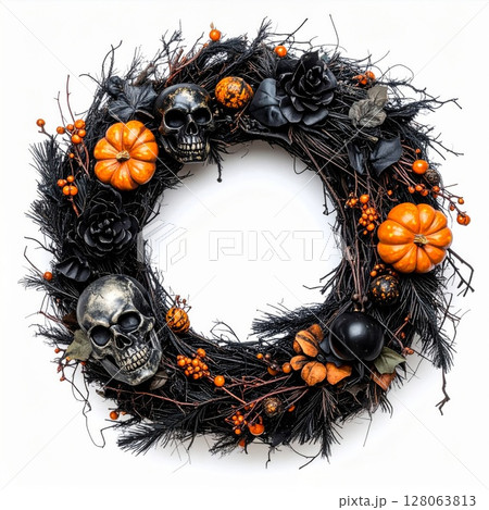 Halloween Wreath with Skulls and Pumpkins 128063813