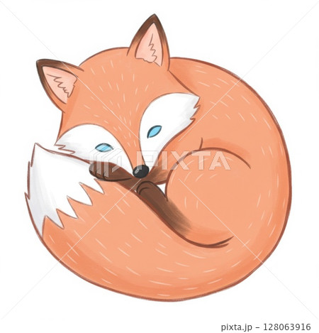 Cute Orange Fox Curled Up Sleeping Illustration 128063916