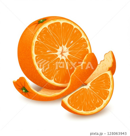 Ripe Orange Slices with Peel on White Background 128063943