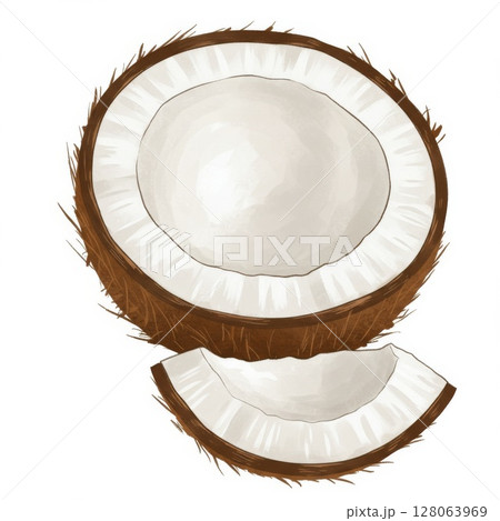 Brown Coconut Half with Sliced Piece Illustration 128063969