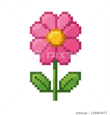 Pink Pixelated Flower with Green Leaves on White 128063971