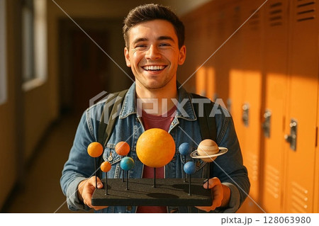 Young Schoolboy Holding a Science Model with Enthusiasm 128063980