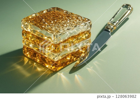 Slice of Glass-Like Cake with Transparent Layers and Elegant Presentation 128063982