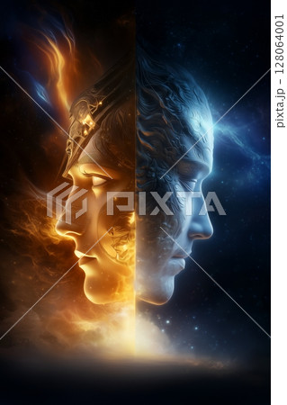 MASKS glow around the FACE, each radiating rage, joy, and despair. The figure reaches for one MASK, half-lit by ethereal light, standing in shifting hues, symbolizing inner conflict, emotional  128064001