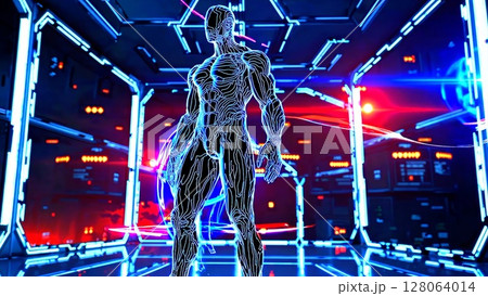 Wireframe human figure standing inside spaceship corridor, surrounded by blue red neon lighting, digital data streams flowing through advanced technological virtual reality environment Wireframe human figure standing inside spaceship corridor, surrounded by blue red neon lighting, digital data streams flowing through advanced technological virtual reality environment 128064014