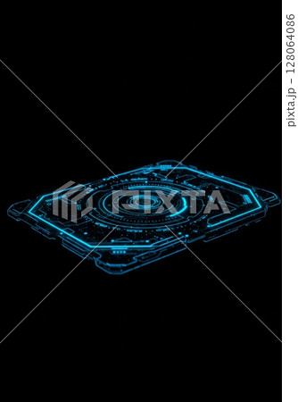 Glowing Blue Hexagonal Tech Interface on Black Background 128064086
