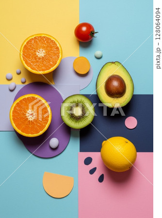 Vibrant Fruit Flatlay with Colorful Background 128064094