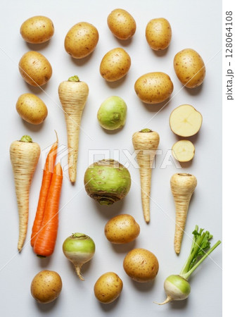 Assortment of Fresh Root Vegetables on White Background 128064108