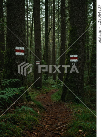 Forest Path with Red and White Trail Markersのイラスト素材 [128064237] - PIXTA