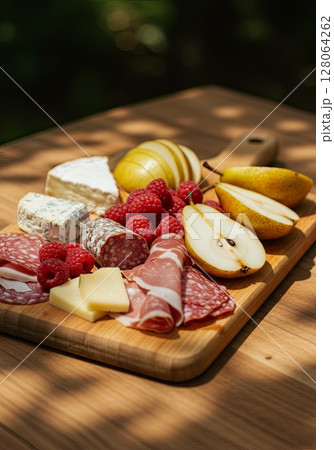 Rustic Wooden Cheese Board with Pears and Berries 128064262