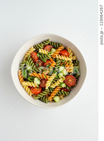 Colorful Rotini Pasta Salad with Tomatoes and Cucumbers 128064267