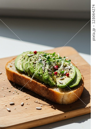 Sliced Avocado Toast with Seeds and Sprouts Sliced Avocado Toast with Seeds and Sprouts 128064274