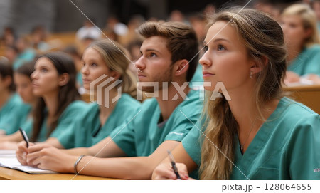 Nursing students in uniform intently focused, listening to instructor, taking detailed notes during classroom lecture at medical educational facility,Medical students 128064655