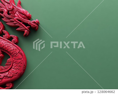 Red dragon sculpture on green background. Perfect for art, culture, decor themes. 128064662