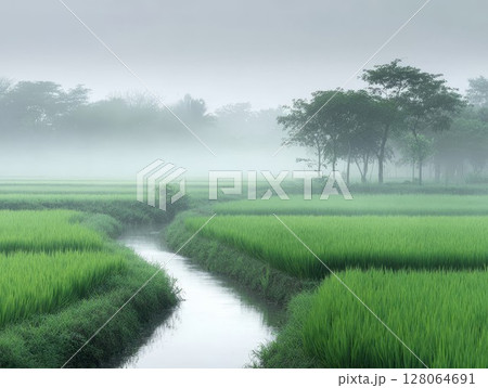 Foggy rice paddies with peaceful river at sunrise. Lush green fields and distant trees, ideal for tranquil outdoor shots. 128064691