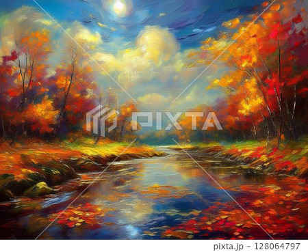 浮かぶ雲海_赤と黄の葉_静かな小川_枯れ葉の絨毯_澄んだ秋空_風の音 128064797