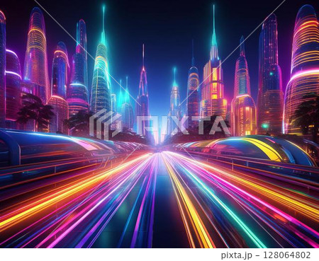 未来都市の夜景- 高層ビルが虹色のネオンで輝き、空中を走る車や透明な歩道が交差する未来的な都市 128064802