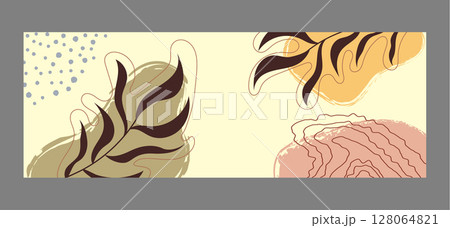 Handmade background layout with arbitrary shapes, plant elements and wavy lines. Modern, abstract design for social networks, websites, stylish interior and creative ideas 128064821