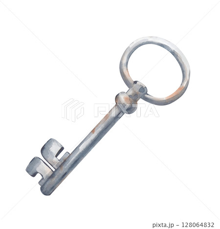 A watercolor metal key is hand-drawn on a white background. Watercolor illustration of an old rusty key. Isolated. Clipart. 128064832