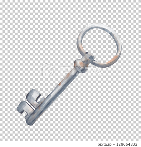 A watercolor metal key is hand-drawn on a white background. Watercolor illustration of an old rusty key. Isolated. Clipart. 128064832