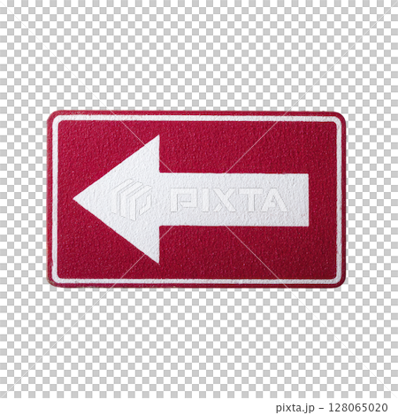 Red rectangular sign with bold white left pointing arrow, symbolizing direction or navigation, is isolated transparency background. sign simplicity and clarity make it effective for guiding 128065020