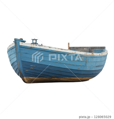 Weathered blue wooden boat with peeling paint and rustic appearance, isolated on transparency background. boat vintage charm and nautical feel evoke sense of adventure 128065029