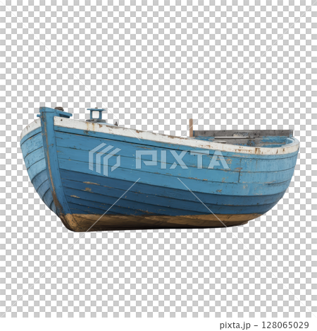 Weathered blue wooden boat with peeling paint and rustic appearance, isolated on transparency background. boat vintage charm and nautical feel evoke sense of adventure 128065029