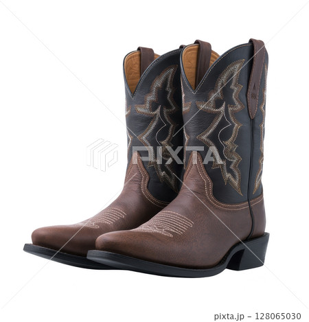Pair of stylish cowboy boots with intricate stitching, featuring combination of brown and black leather, perfect for Western themed outfit or casual wear 128065030