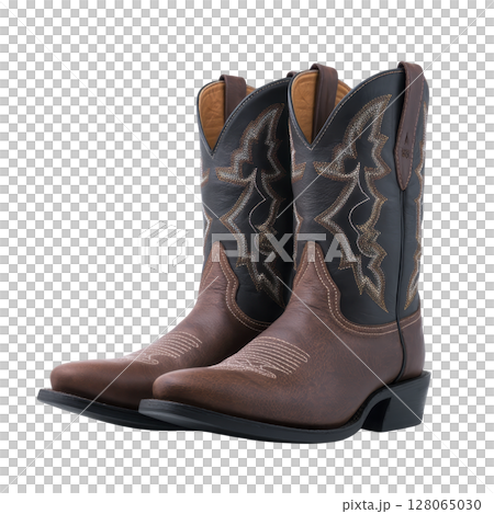 Pair of stylish cowboy boots with intricate stitching, featuring combination of brown and black leather, perfect for Western themed outfit or casual wear 128065030