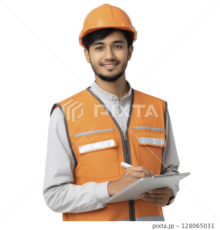 Construction worker wearing orange safety vest and hard hat is smiling while holding clipboard, suggesting professional and approachable demeanor 128065031
