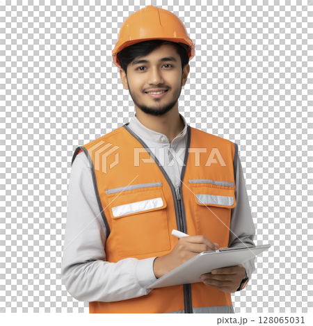 Construction worker wearing orange safety vest and hard hat is smiling while holding clipboard, suggesting professional and approachable demeanor 128065031