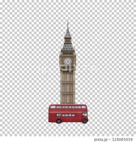 Red double decker bus is parked in front of iconic Big Ben clock tower, symbolizing London. historic architecture and vibrant vehicle create classic British scene 128065039