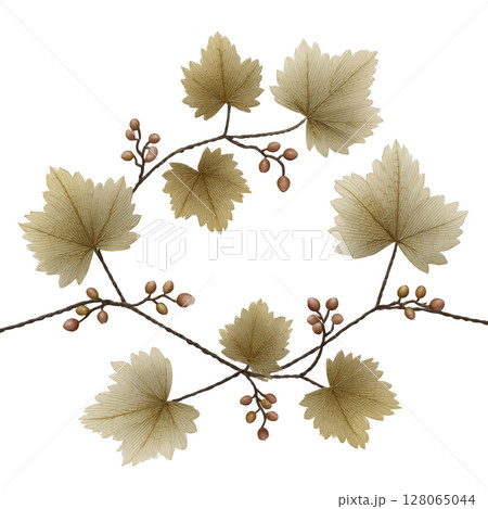 Decorative wreath made of grapevine leaves and small berries, arranged in circular pattern. leaves are muted beige color, creating elegant and natural look Decorative wreath made of grapevine leaves and small berries, arranged in circular pattern. leaves are muted beige color, creating elegant and natural look 128065044
