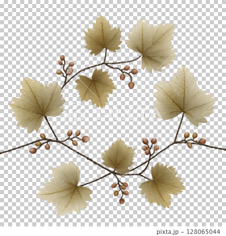 Decorative wreath made of grapevine leaves and small berries, arranged in circular pattern. leaves are muted beige color, creating elegant and natural look Decorative wreath made of grapevine leaves and small berries, arranged in circular pattern. leaves are muted beige color, creating elegant and natural look 128065044