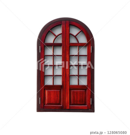 Elegant arched wooden door with rich red finish and glass panels, perfect for adding classic touch to any architectural design 128065080