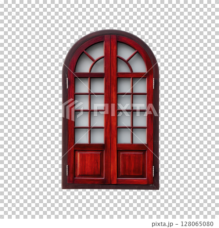 Elegant arched wooden door with rich red finish and glass panels, perfect for adding classic touch to any architectural design 128065080