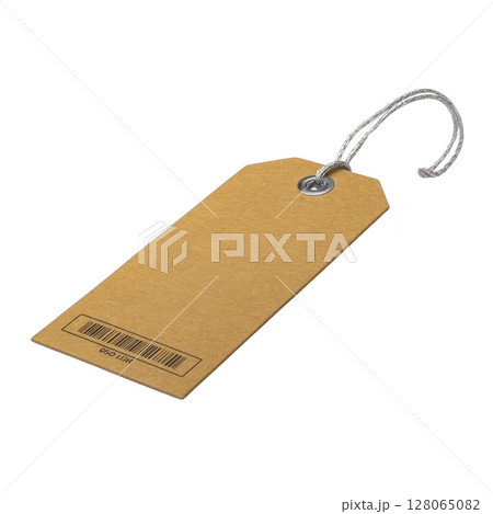 Brown paper tag with string attached, featuring barcode at bottom, is isolated on transparency background. tag is simple and versatile, suitable for various labeling needs Brown paper tag with string attached, featuring barcode at bottom, is isolated on transparency background. tag is simple and versatile, suitable for various labeling needs 128065082