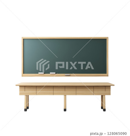 Wooden desk stands in front of large green chalkboard, creating classic classroom setting. chalkboard is equipped with chalk and eraser, ready for educational use 128065090