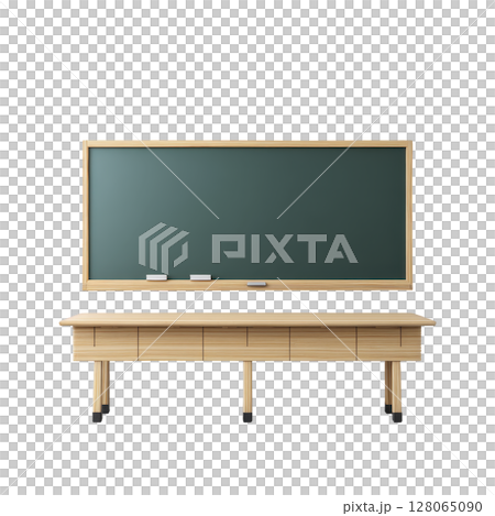 Wooden desk stands in front of large green chalkboard, creating classic classroom setting. chalkboard is equipped with chalk and eraser, ready for educational use 128065090