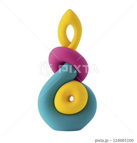 Colorful abstract sculpture with intertwined shapes in blue, yellow, and pink, creating modern and artistic design. smooth, vibrant forms evoke sense of creativity and playfulness 128065100
