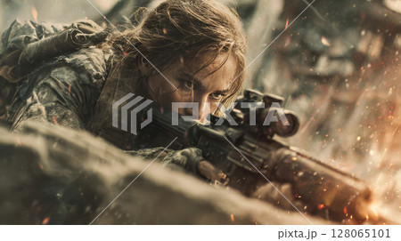 A female soldier sniper fires a rifle from behind debris during combat operations in the war 128065101
